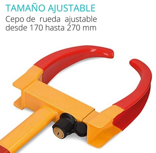 Cepo tipo pinza para colocar abrazando al neumático con la llanta. Válido para médidas de ancho de rueda 170 - 270mm. Impide mover la Caravana, Remolque, Autocaravana, Motocicleta, Quad, ATV, Automovil, Furgoneta,... Cerradura con 2 llaves.
