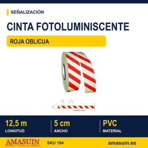 Cinta Adhesiva Fotoluminiscente Roja Oblicua de 50mmx12,5m.