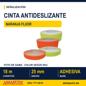 Cinta Antideslizante 25mmx18m Naranja Fluor.