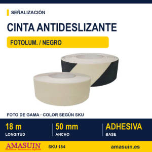 Cinta Antideslizante 50mmx18m Fotoluminiscente Franjas Negras.