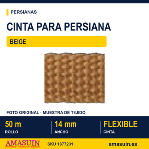 Cinta para Persianas Beige. 14mm. Rollo 50m.