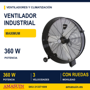 Ventilador Industrial Maximum 360w Negro 87D 3Velocidades C/ruedas 92,5x87x20,5 Cm