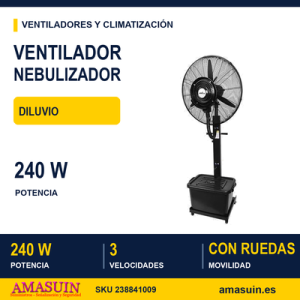 Ventilador De Pie Diluvio Negro 3velocidades 240w Nebulizador Tanque 42l Ruedas Fijo Y Rot.170x71x45cm