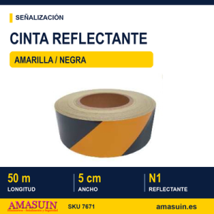 Cinta Adhesiva Reflectante 50mmx50m Amarilla y Negra.