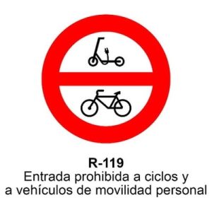 Señal Aluminio MOPU R119 Prohibido a ciclos y movilidad personal - Dorso abierto