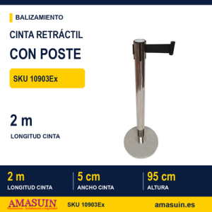 Cinta Retráctil Negra 2m Poste Plata