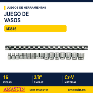 Juego de vasos 3/8" M3816 - 16 Piezas JUEGO DE VASOS 38" M3816 16 PZAS