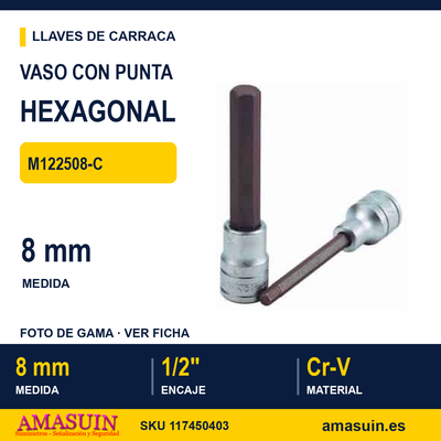 Llave de Vaso Hexagonal ½” Largo M122508-C - 8MM 1 Llave de Vaso Hexagonal ½” Largo M122508-C - 8MM
