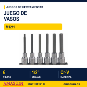 JUEGO DE VASOS HEXAGONALES 1/2" M1211 - 6 piezas