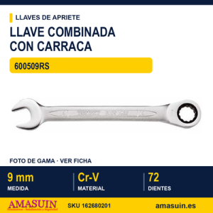 Llave Combinada Plana con Carraca 600509RS - 9MM