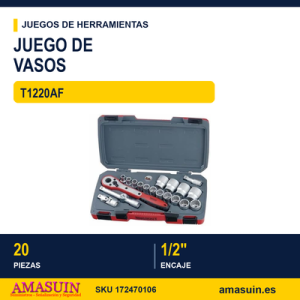 JUEGO DE LLAVES DE VASO 1/2" PULGADAS T1220AF 20 PZAS JUEGO DE LLAVES DE VASO 12" PULGADAS T1220AF 20 PZAS