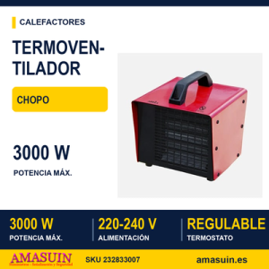Termovntilador Ceramico PTC Industrial Chopo 3000w Rojo 3potencias Termost.Reg.seg.asa 26x23,5x23,5 Cm