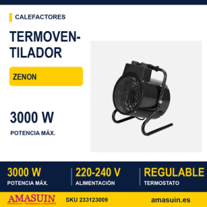 Termoventilador Industrial Zenon 3000w Negro 2potencias Ip24 Termostato Reg.33x24x22,5 Cm
