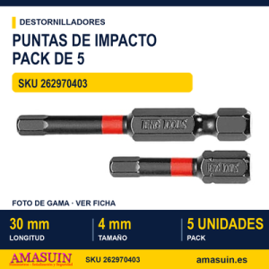 Puntas de Impacto Hexagonales ¼” Ø 4mm - 30mm - Pack 5 puntas