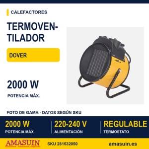 Termoventilador Ceramico Industrial Dover 2000w Amarillo 3pot Termostato Reg.seg.asa 22x18,5x15,5 Cm