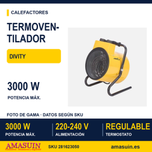 Termoventilador Industrial Acero Inoxidable Divity 3000w Amarillo 2pot Termostato Reg.seg.asa 33x24x22,5 Cm