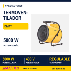 Termoventilador Industrial Acero Inoxidable Divity 5000w Amarillo 3pot 400v conex.trifasica Termostato Reg.seg.asa 40x32x32cm