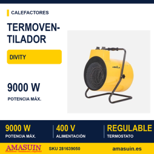 Termoventilador Industrial Acero Inoxidable Divity 9000w Amarillo 3pot 400v Conex.trifasica Termostato Reg.seg.asa 46x36x32,5cm
