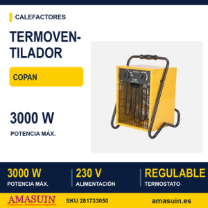 Termoventilador Industrial Acero Inoxidable Copan 3000w Amarillo 3pot Termostato Reg.seg.asa 44x32x30cm
