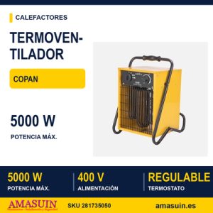 Termoventilador Industrial Acero Inoxidable Copan 5000w Amarillo 3pot 400v Trifasico Termostato Reg.seg.asa 44x32x30cm
