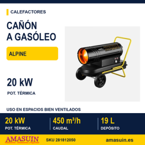 Cañon Calefactor Gasoleo Alpine 20kw Negro/amarillo 19l Caudal450m3/h Protec.seg.control Temperatura 56x76,5x39,5cm