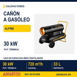Cañon Calefactor Gasoleo Alpine 30kw Negro/amarillo 33l Caudal720m3/h Proteccion Seg.control Temperatuta 59,5x80,5x48cm