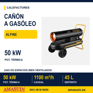 Cañon Calefactor Gasoleo Alpine 50kw Negro/amarillo 45l Caudal1100m3/h Protecion Seg.control Temperatura 71x105x48,5cm