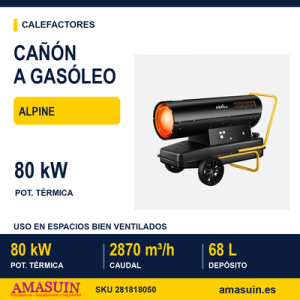Cañon Calefactor Gasoleo Alpine 80kw Negro/amarillo 68l Caudal2870m3/h Proteccion Seg.control Temperatura 73x127x59cm