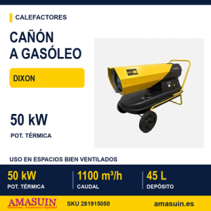 Cañon Calefactor Gasoleo Dixon 50kw Negro/amarillo 45l Caudal1100m3/h Proteccion Seg.control Temperatura 58x96x4cm