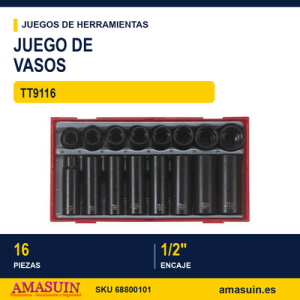 JUEGO DE VASOS DE IMPACTO 1/2" TT9116 16 PZAS JUEGO DE VASOS DE IMPACTO 12" TT9116 16 PZAS