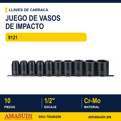 Juego de vasos de impacto 1/2" 9121 - 10 Piezas 1 Juego de vasos de impacto 1/2" 9121 - 10 Piezas