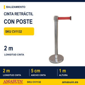 Cinta Retráctil Roja 2m Poste Plata.