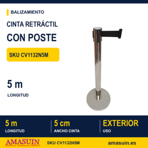 Cinta Retráctil Negra 5m Poste Plata