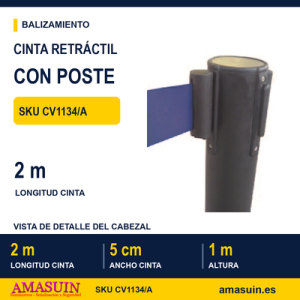 Cinta Retráctil Azul 2m Poste Negro