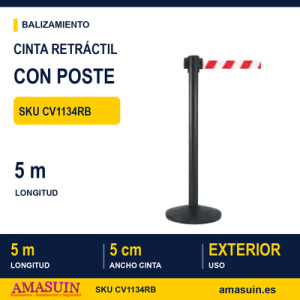Cinta Retráctil Roja-Blanca 5m Poste Negro