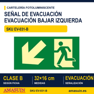 Señal Clase B Recorrido Evacuación Rampa Bajar Izquierda 32x16cm