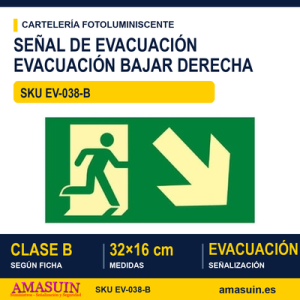 Señal Clase B Recorrido Evacuación Rampa Bajar Derecha 32x16cm