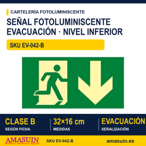 Señal Clase B Recorrido Evacuación Flecha Nivel Inferior 32x16cm