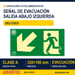 Señal Clase A Evacuación Salida Puerta Abajo Izquierda 320x160mm