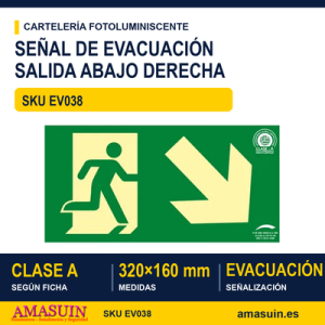 Señal Clase A Evacuación Salida Puerta Abajo Derecha 320x160mm
