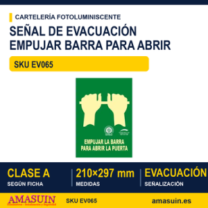 Señal Clase A Evacuación Empujar Barra para Abrir Puerta 210x297mm