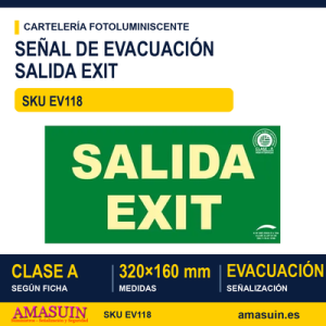 Señal Clase A Evacuación Salida Exit 320x160mm