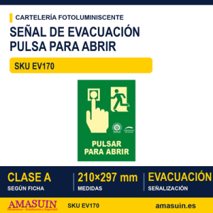 Señal Clase A Evacuación Pulsa para Abrir 210x297mm