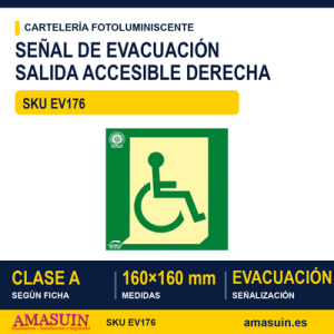 Señal Clase A Evacuación Salida Movilidad Reducida Derecha 160x160mm