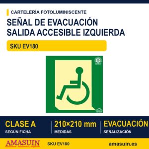 Señal Clase A Evacuación Salida Movilidad Reducida Izquierda 210x210mm