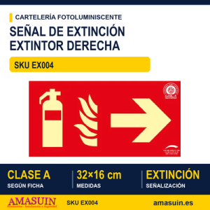 Señal Clase A Extinción Extintor Flecha Derecha 32x16cm