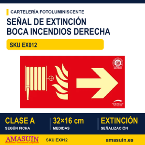 Señal Clase A Extinción Boca Incendios Flecha Derecha 32x16cm
