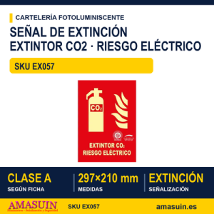 Señal Clase A Extinción Extintor CO2 Riesgo Eléctrico 297x210mm
