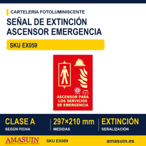 Señal Clase A Extinción Ascensor Servicios Emergencia 297x210mm