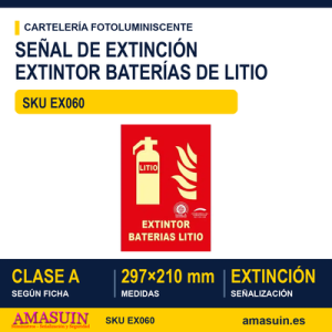 Señal Clase A Extinción Extintor Baterías Litio 297x210mm